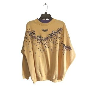 1997 Artisans Pale Yellow Layered Crewneck L Flowers Birds